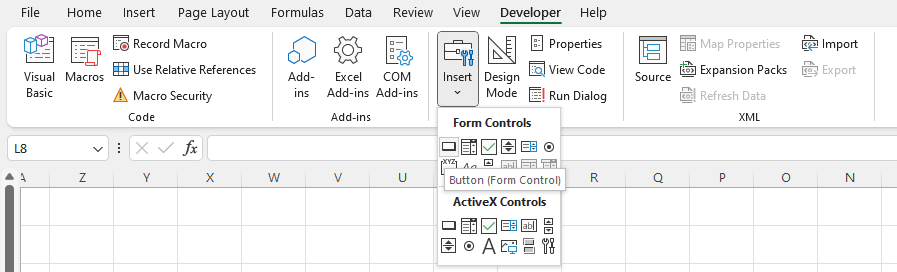 نمای افزودن دکمه از تب Developer در اکسل
